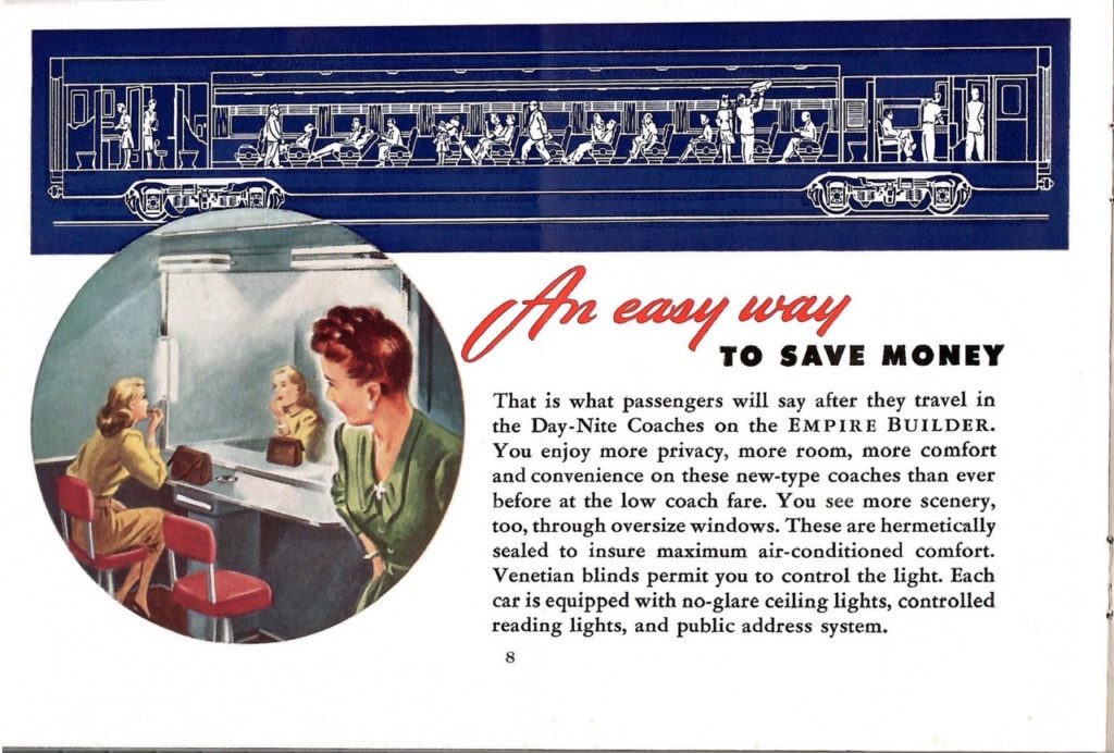 This page has and drawing of the interior of a day-nite car on the Empire Builder. It also has a color painting that shows two women freshening their make-up in a lounge section. There are also more details about the interior of the car.