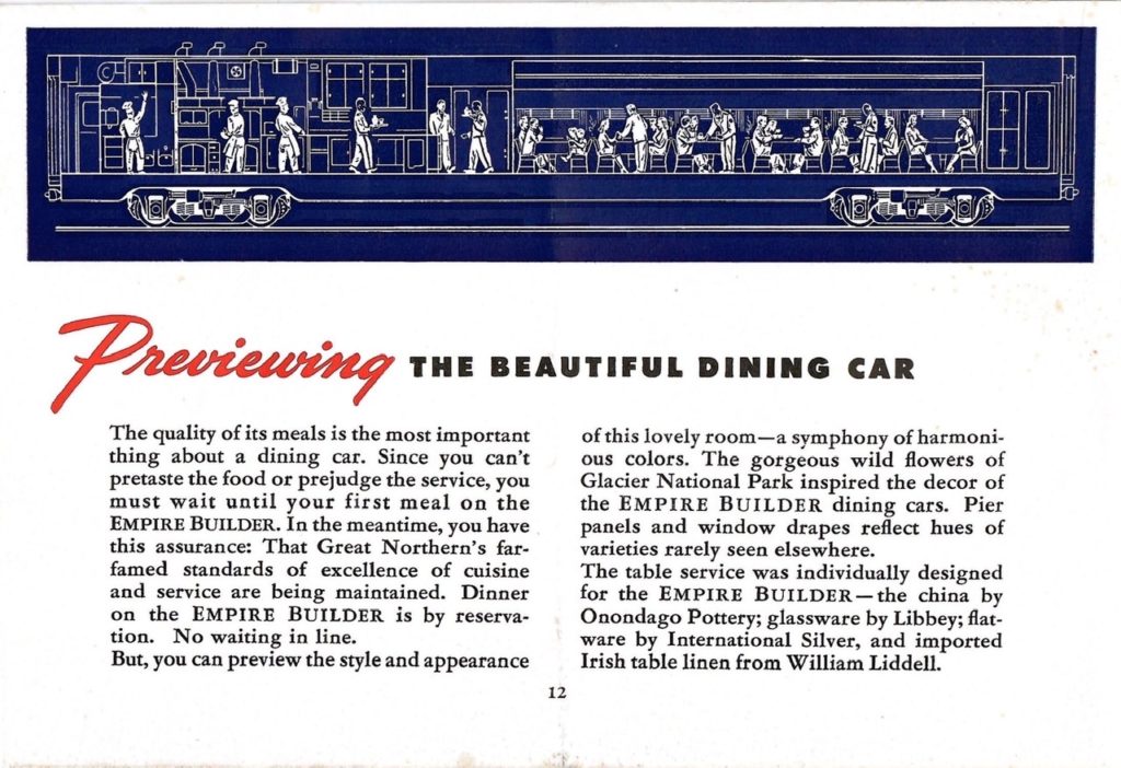 The drawing shows the inside of the Empire Builder Dining Car. There is also text below the drawing that describes details of the car andof Glacier National Park.