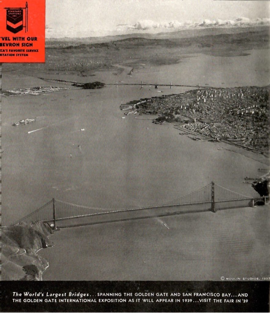 A black and white photo from 1936 of the Golden gate Bridge spanning San Francisco Bay. The caption tells people to attend the Golden Gate International Exposition that was scheduled to happen in 1939.