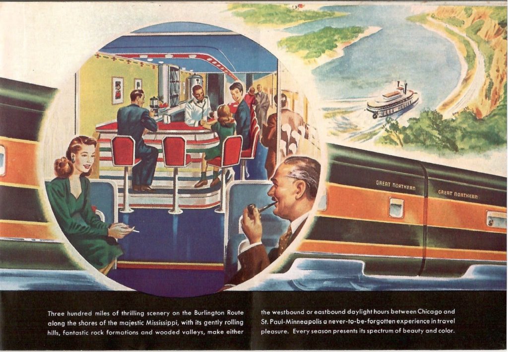 A color painting of people eating in the snack car while a drawing of the Mississippi River is in the background.