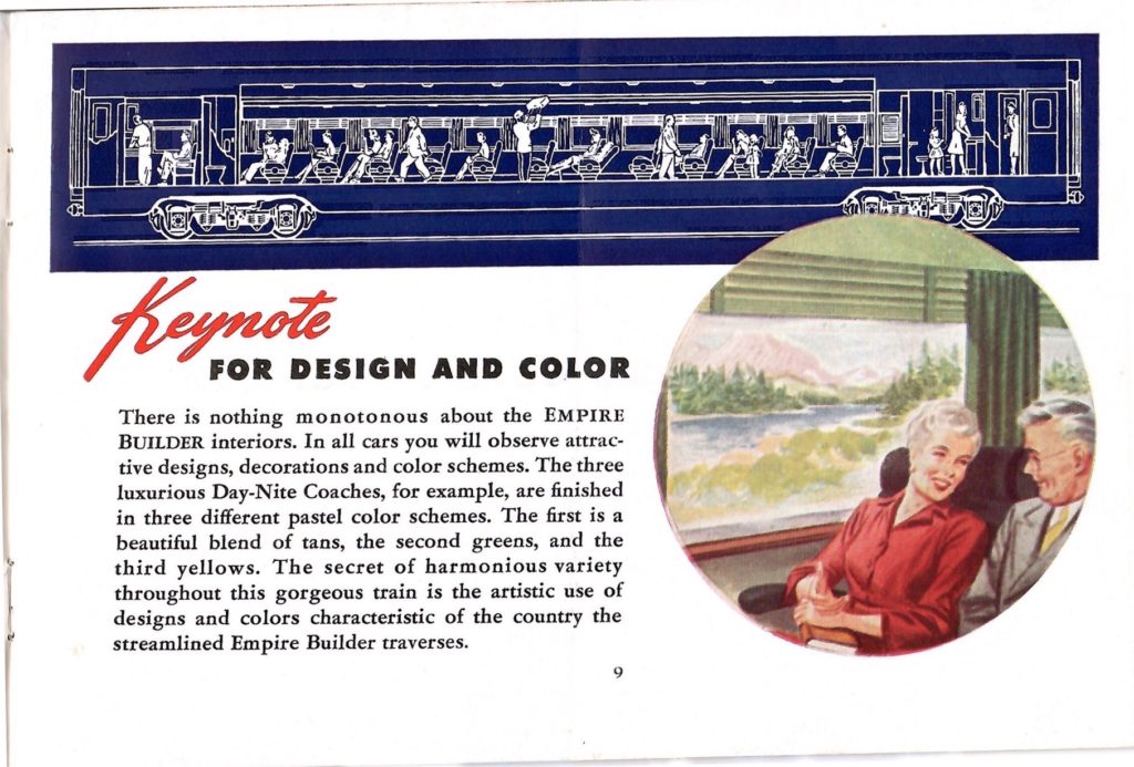 This page has two images and a paragraph of text. One image is a drawing of the inside of a day night coach car. There also is a color painting of a couple sitting inside the train. The text gives details of the color design of the railroad car.
