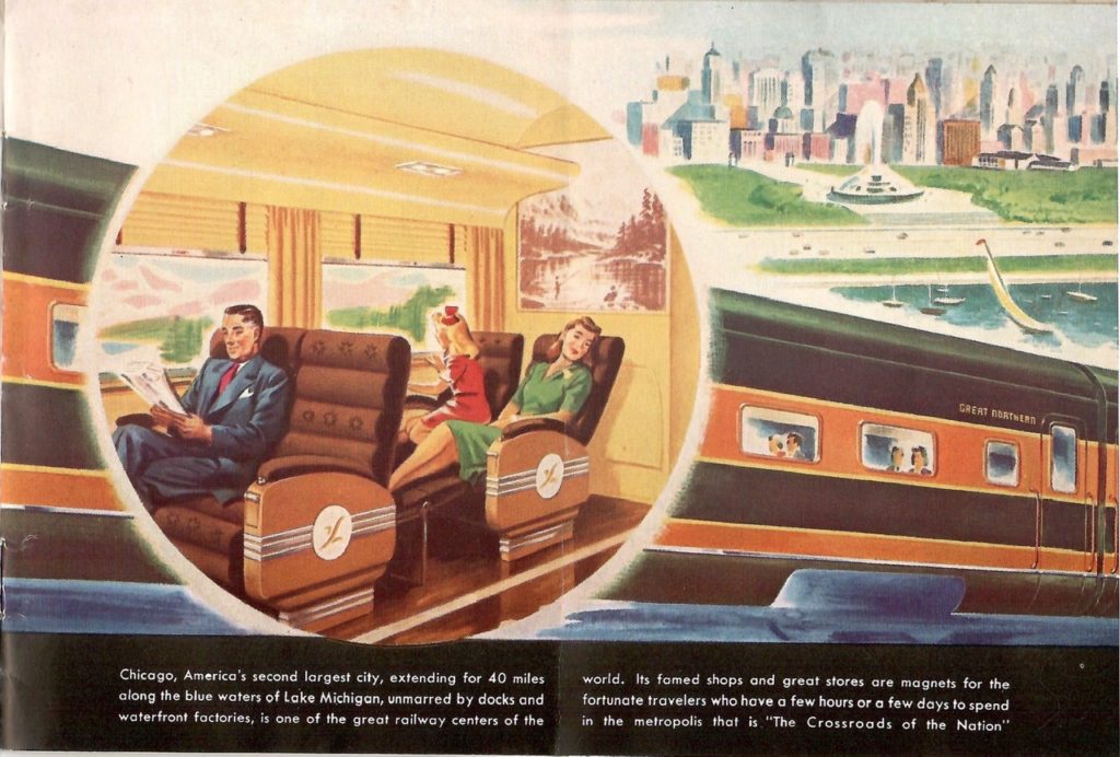 A color painting of passengers inside the Empire Builder train. In the background you see the skyline of the city of Chicago.