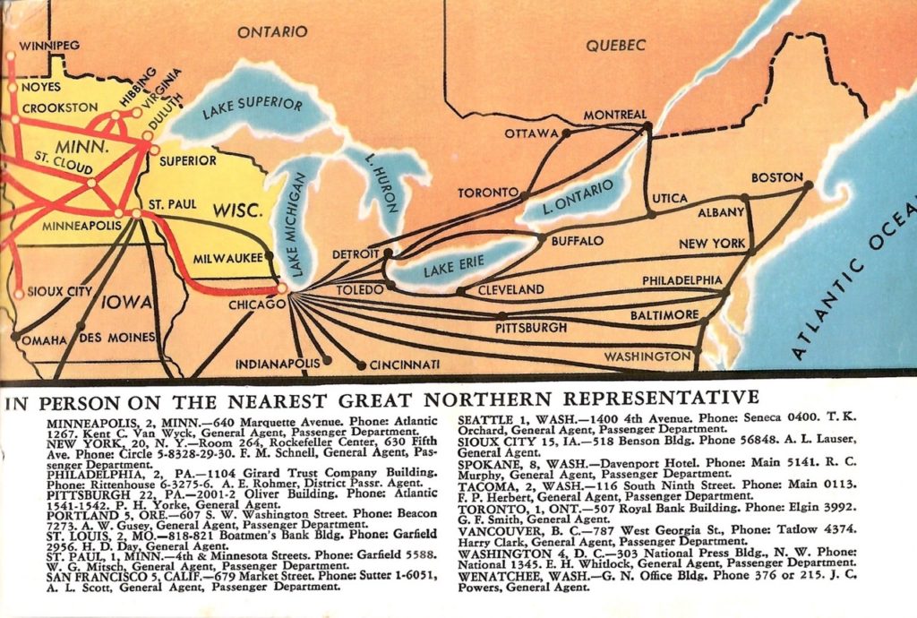 A map of the north eastern half of the United States. It has lines drawn upon it that highlight the route of the Empire Builder train. Below it are addresses in various cities of the Great Northern offices.