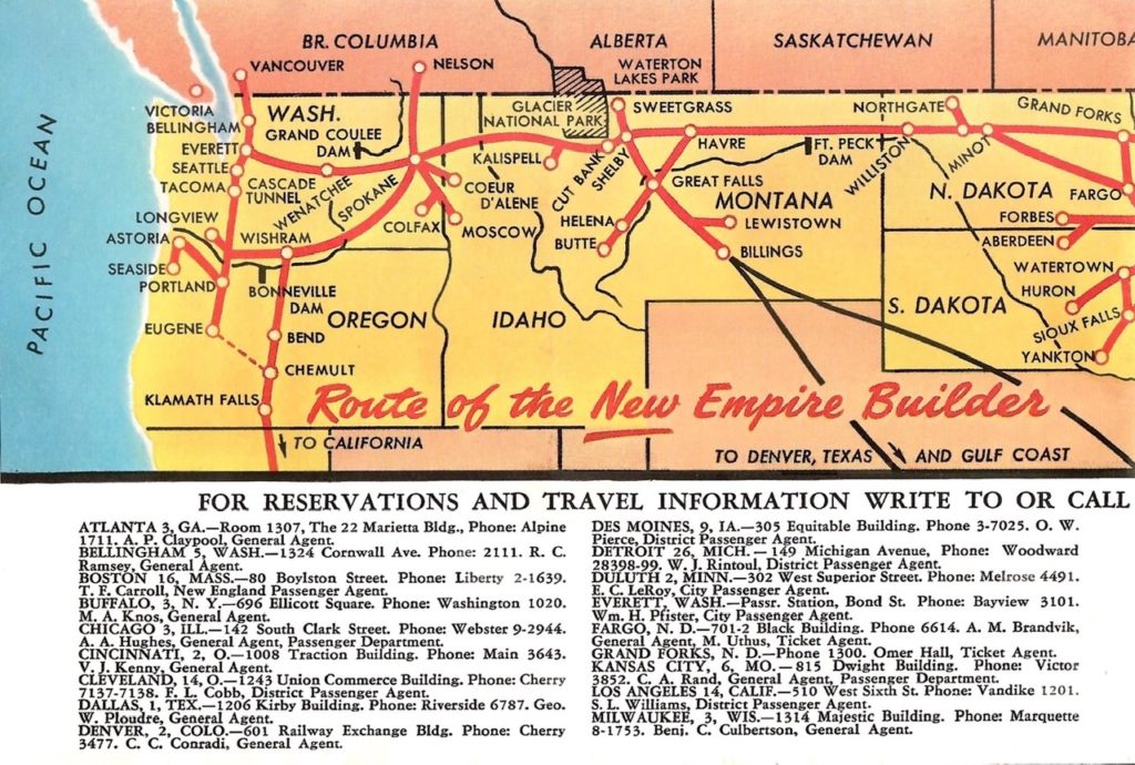 A map of the western half of the Empire Builder’s route. The train goes through Washington, Oregon, Idaho, Montana, North Dakota and South Dakota. Below the map are the addresses of offices for the train in various cities.