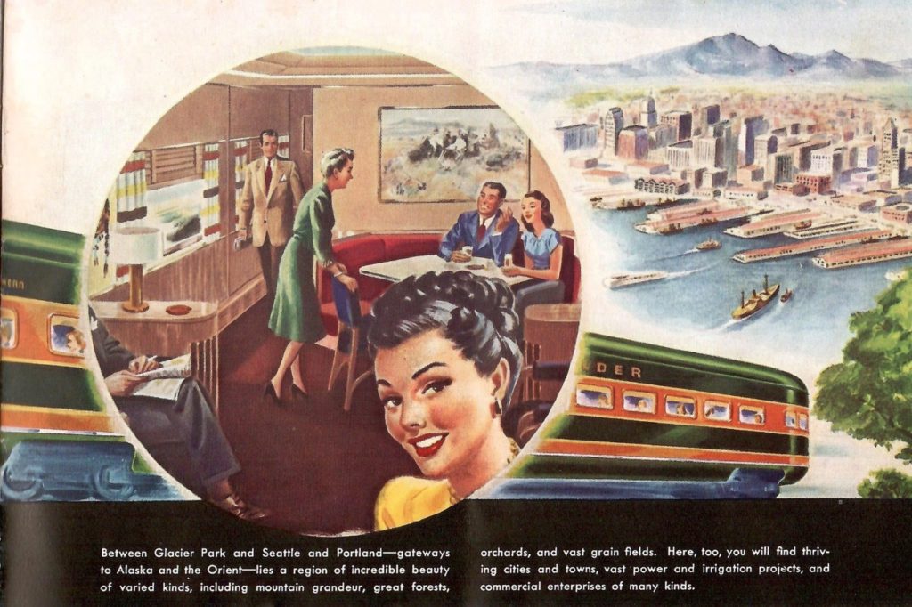 A color painting of passengers enjoying themselves as the train moves across the country. In the background you see a drawing of Seattle and the piers on Puget Sound.