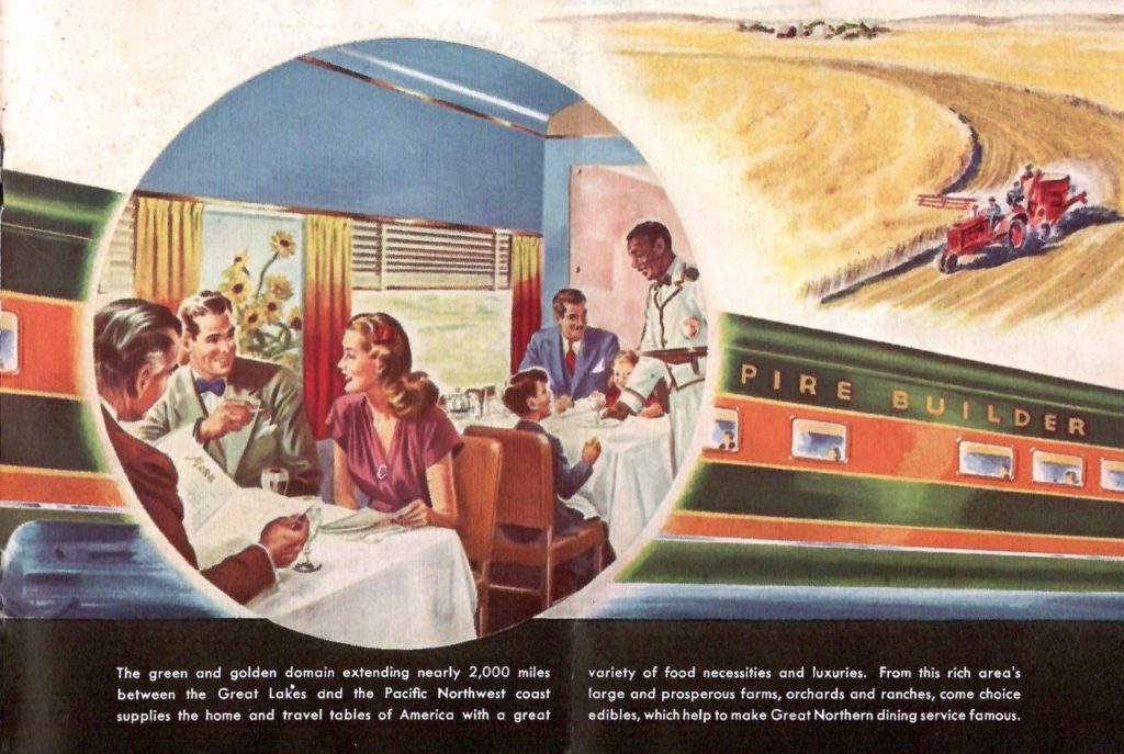 A color painting of people dining inside the Empire builder while the train travels through what they call the Green and Golden Domain. Countryside extending nearly 2000 miles between the Great Lakes and the Pacific Northwest.