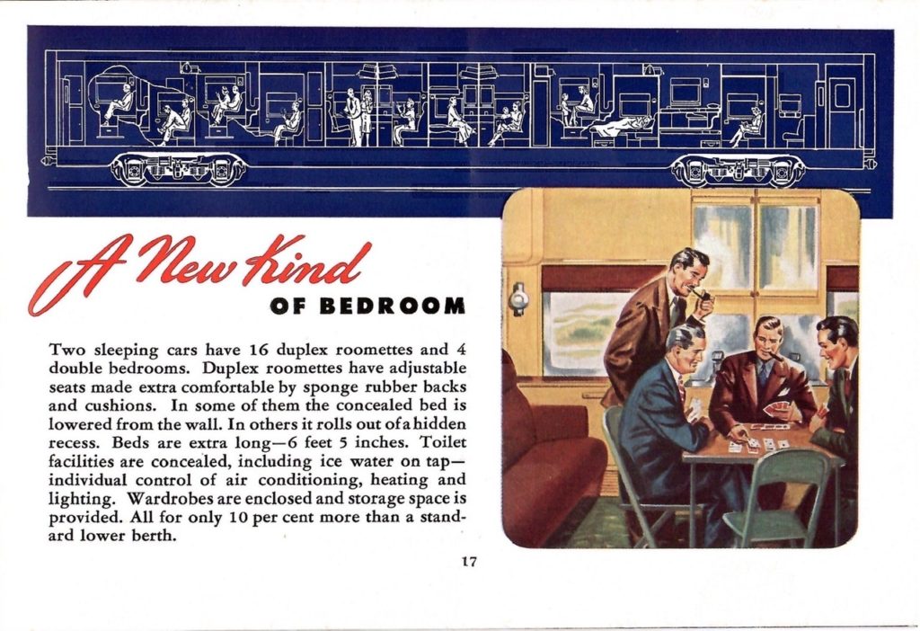 A color painting of a new kind of bedroom on the Empire Builder train. These rooms have more space. The painting shows four men playing cards around a card table. There is also a description of the special rooms.
