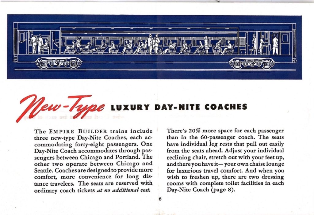 A drawling of the inside of a Day-Nite coach on the Empire Builder, along with information about the actual train car.