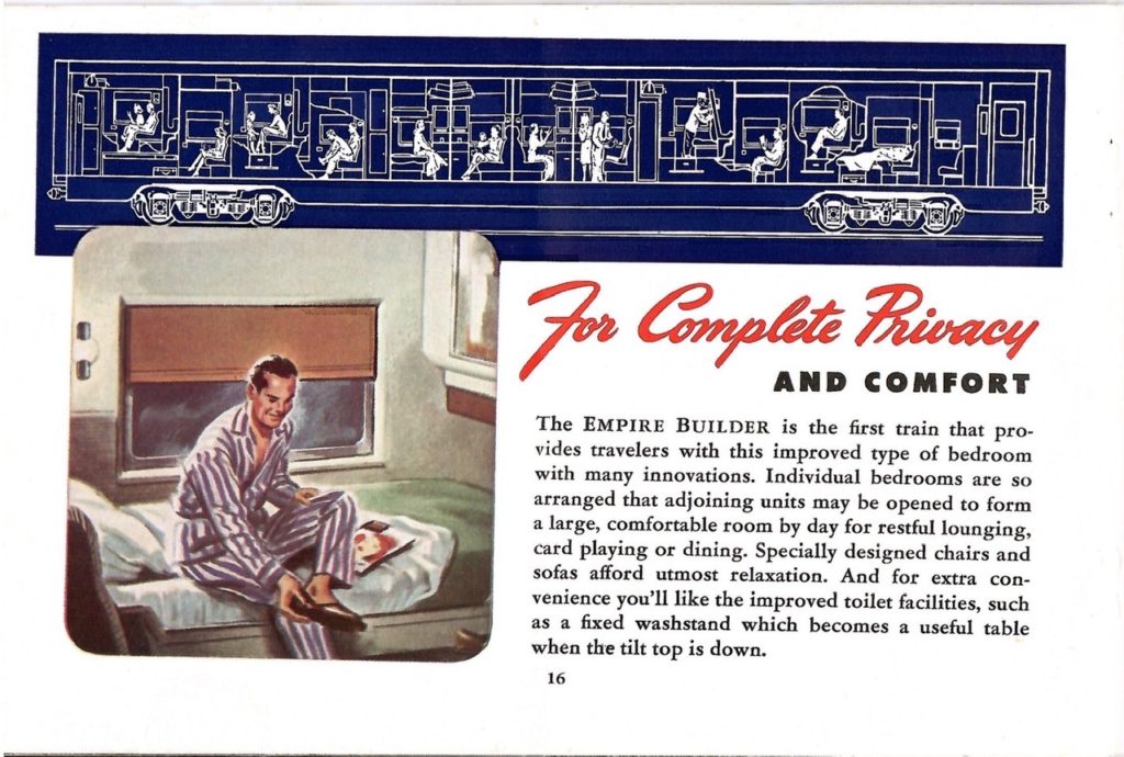 A color painting of a man in his pajamas getting ready for bed in a special compartment of the Empire Builder train. There is also a description about this compartment.