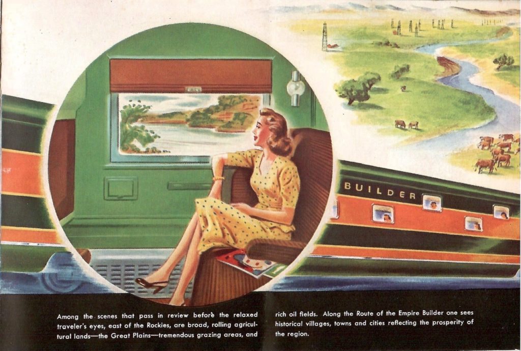 A color painting of a woman riding on the Empire Builder train through the Great Plains