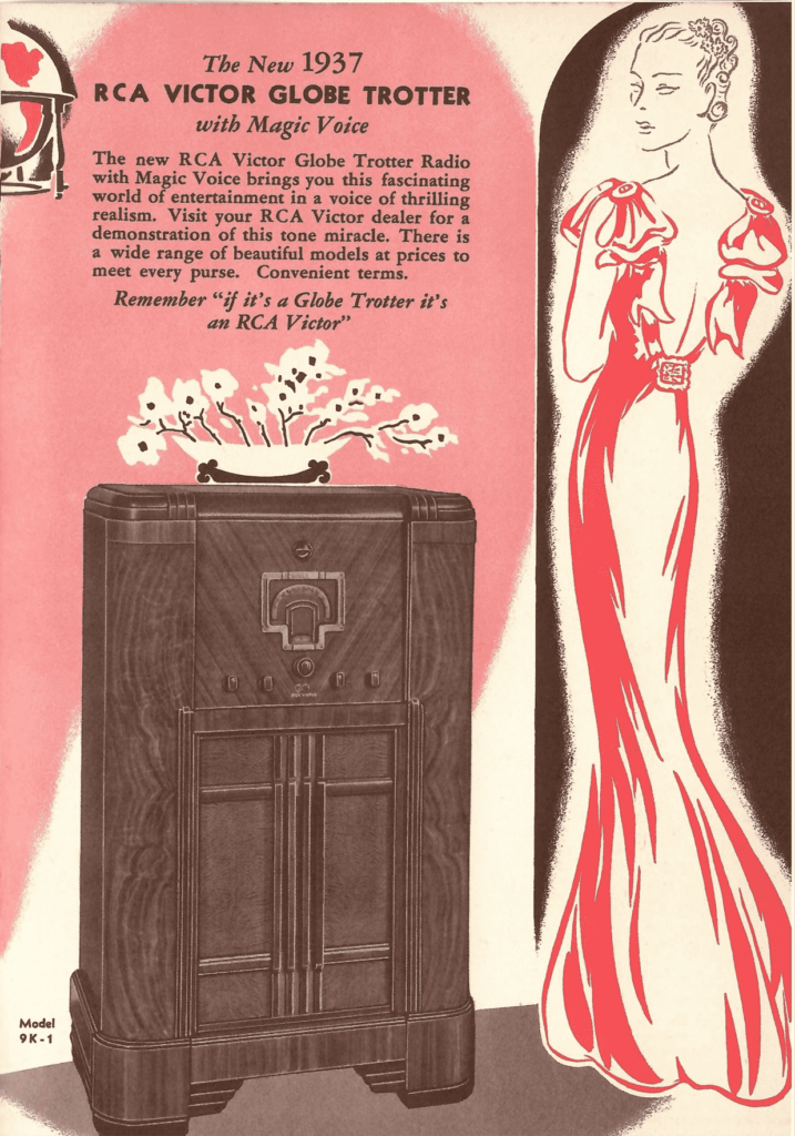 A drawing of a woman in the 1930s style gown looking at her room sized RCA Victor radio. Part of the Globe Trotter brochure.