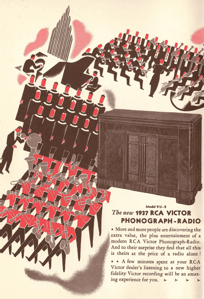 A painting about an RCA radio set from the 1930s and the types of programming that can come out of it. You see pictures of a orchestra, marching band, and choir. Part of the Globe Trotter brochure