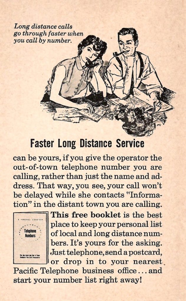 An article about operator assistance. In the 1950s they could connect you with your party as long as you know that person’s name and address. Knowing the phone number would speed up the process.