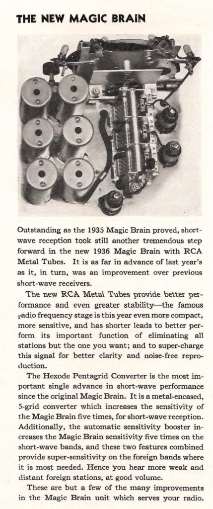 A detailed description of the features of the 1936 RCA Victor Magic Brain radio.