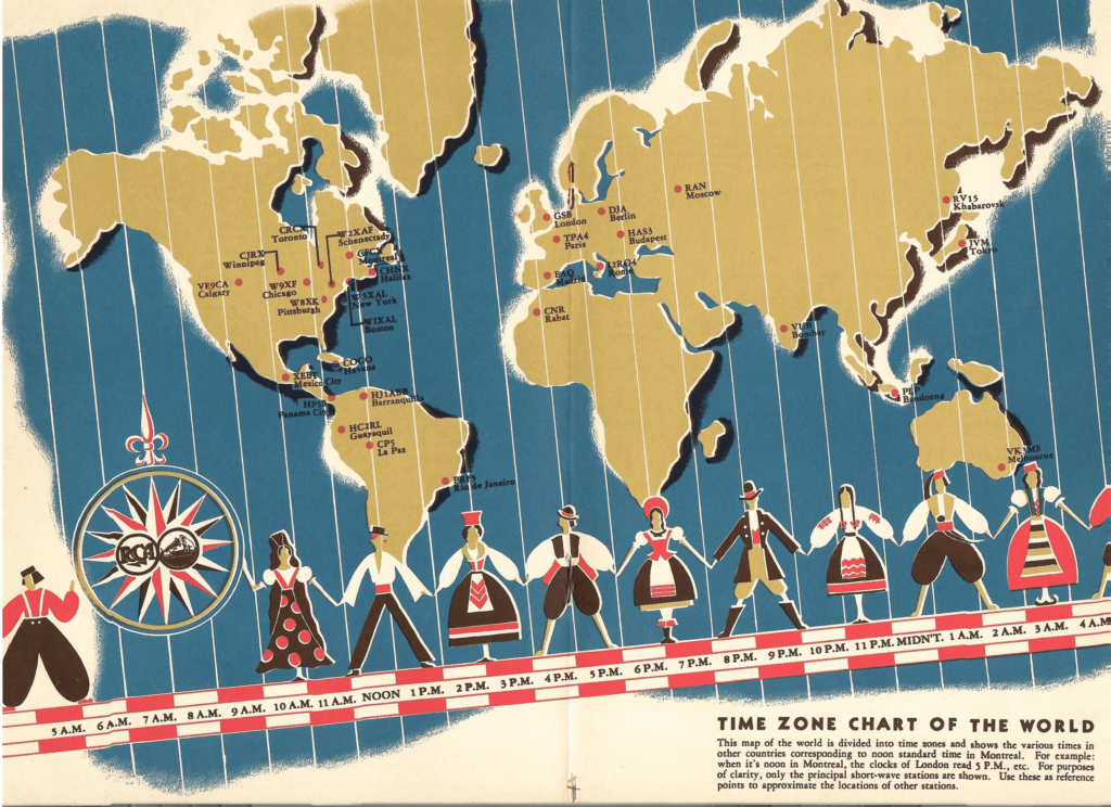 A painting of the world with vertical lines illustrating each different time zone. At the bottom are people from different countries, holding hands. Part of the Globe Trotter brochure.