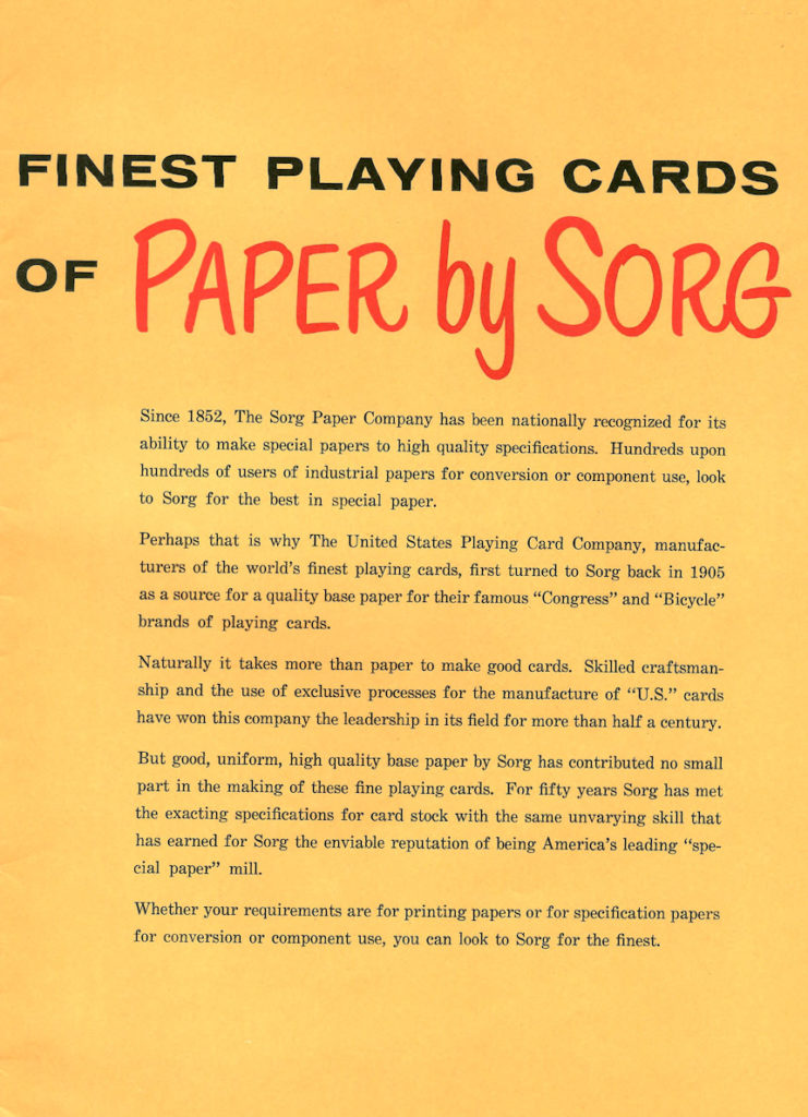 A description of the Sorg Paper Company and their contribution to playing cards.