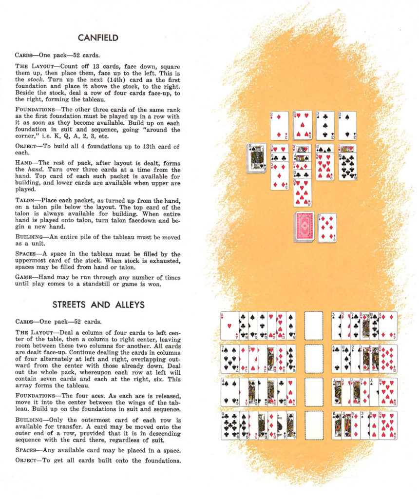 Two Solitaire Games for Playing Cards. Canfield and Streets and Alleys.