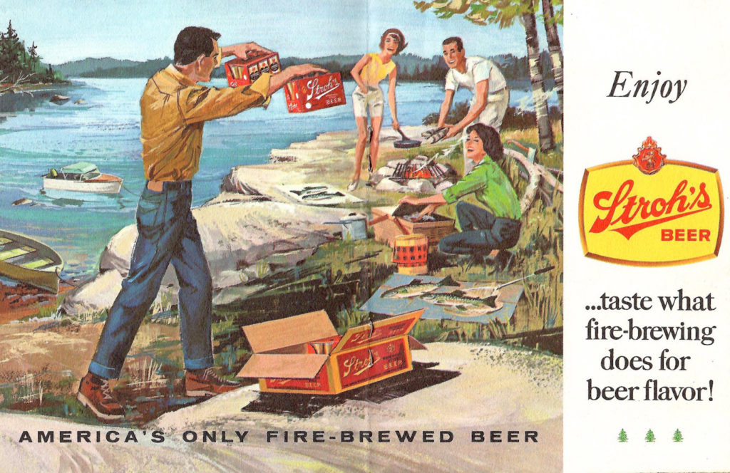 A beer ad that shows people having fun by the lake.