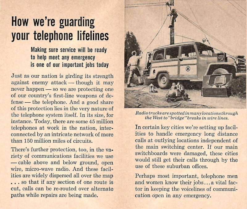 A phone talk article about keeping telephone lines intact in case of an attack.