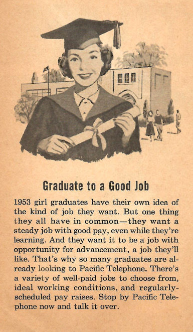 An advertisement asking girl graduates to apply at Pacific Telephone for a job.