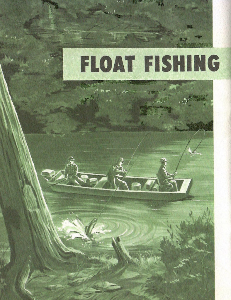 A drawing of fisherman making a catch while using floats.