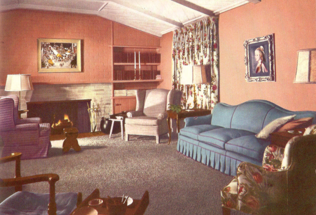 The mid-century Dutch color is peach which is painted on the walls of this living room.