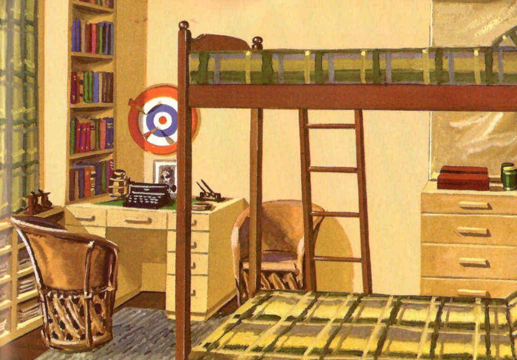 A boys bedroom with bunkbeds and a dartboard in the background.