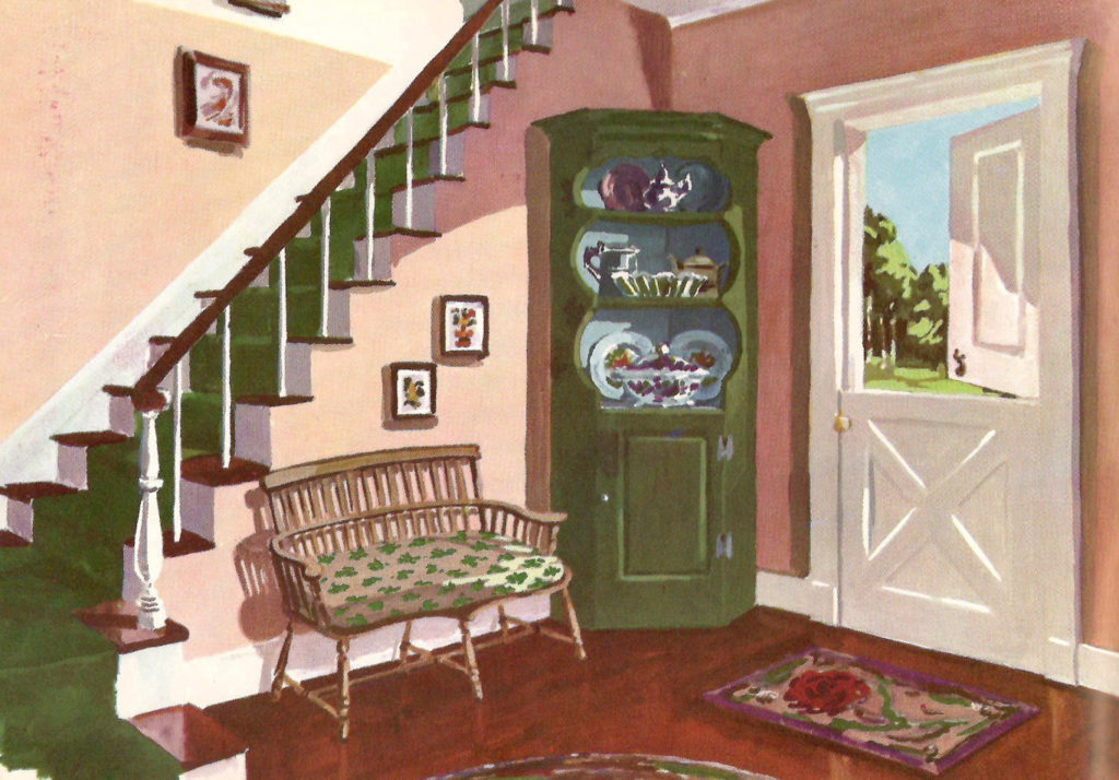 Painting of the corner of a hall in a home.