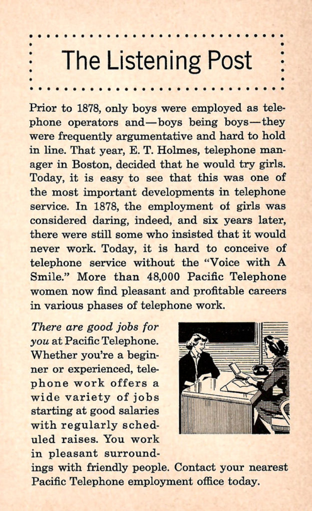 An article on how girls are polite telephone operators, while boys will be boys!