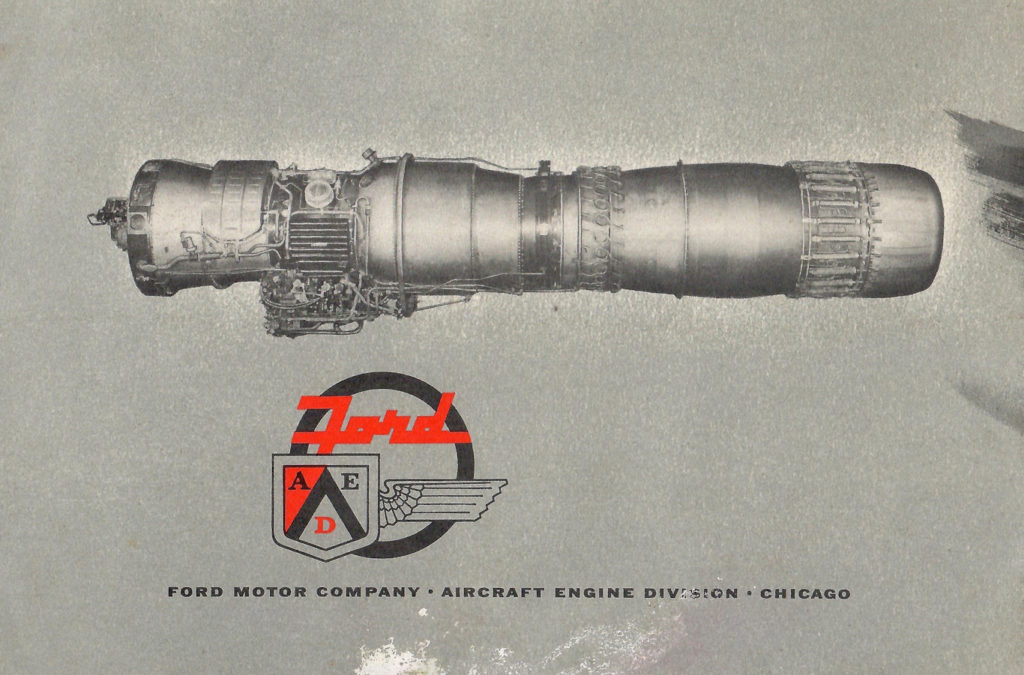 Drawing of a jet engine along with the logo for the aircraft engine division of Ford Motor Company.
