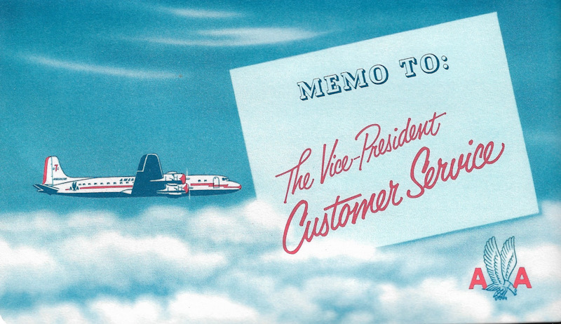 Memo to the vice president of customer service, American Airlines. It shows a painting of a DC seven in flight.