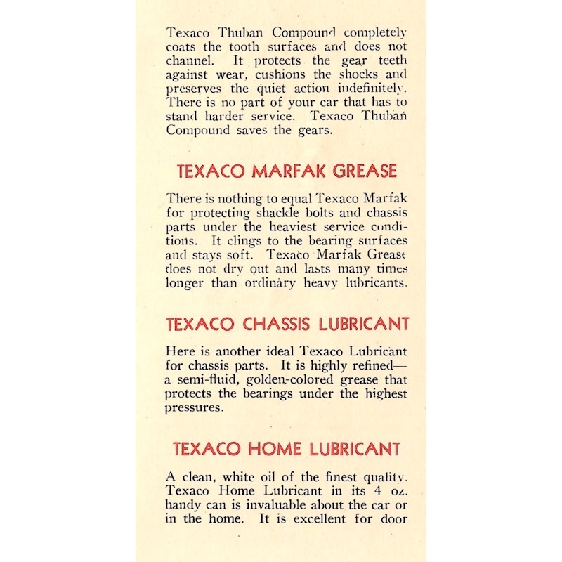 Details of lubrication products sold by Texaco.