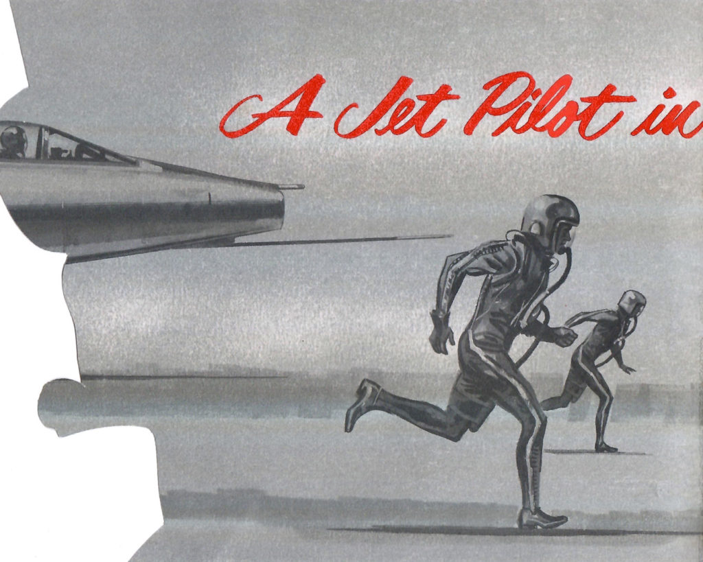 A jet pilot, in a hurry, runs across the tarmac. He is wearing a 1960s style pressure suit.