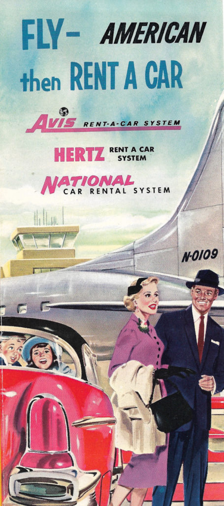 Fly & Drive are a Perfect Duo! Cover of a rental car brochure with an airplane in the background.