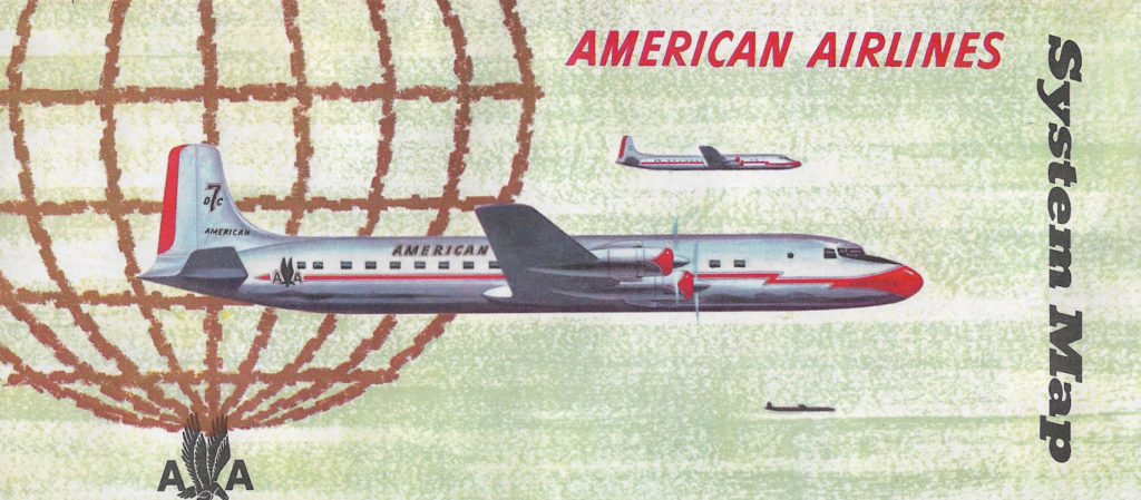 Cover of an American Airlines system map featuring two DC7 airplanes.