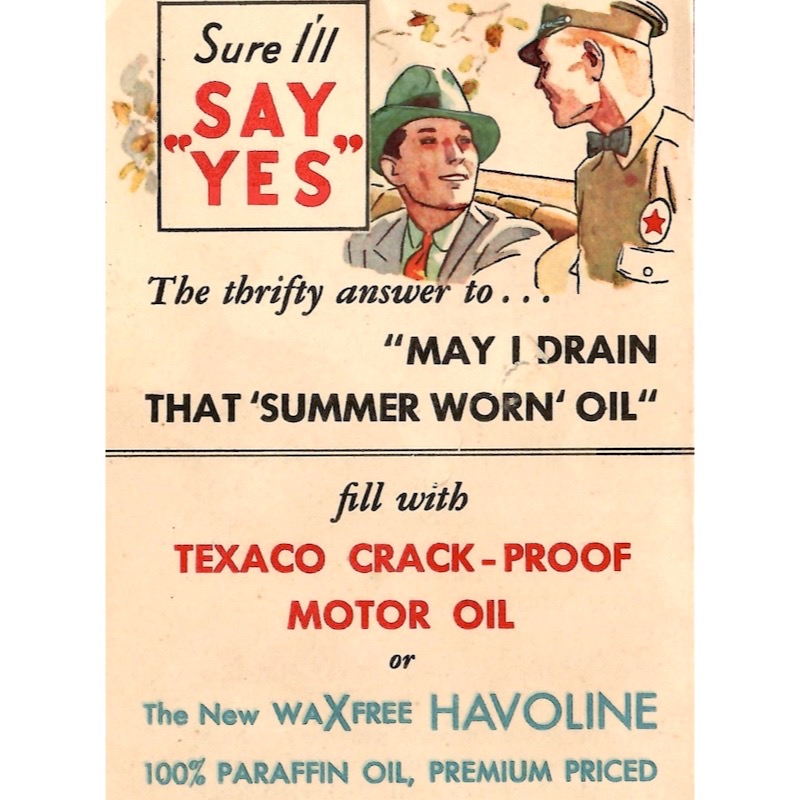 Say “Yes” to a Spiffy Fedora! A 1930s driver gets ready to swap out his worn motor oil.