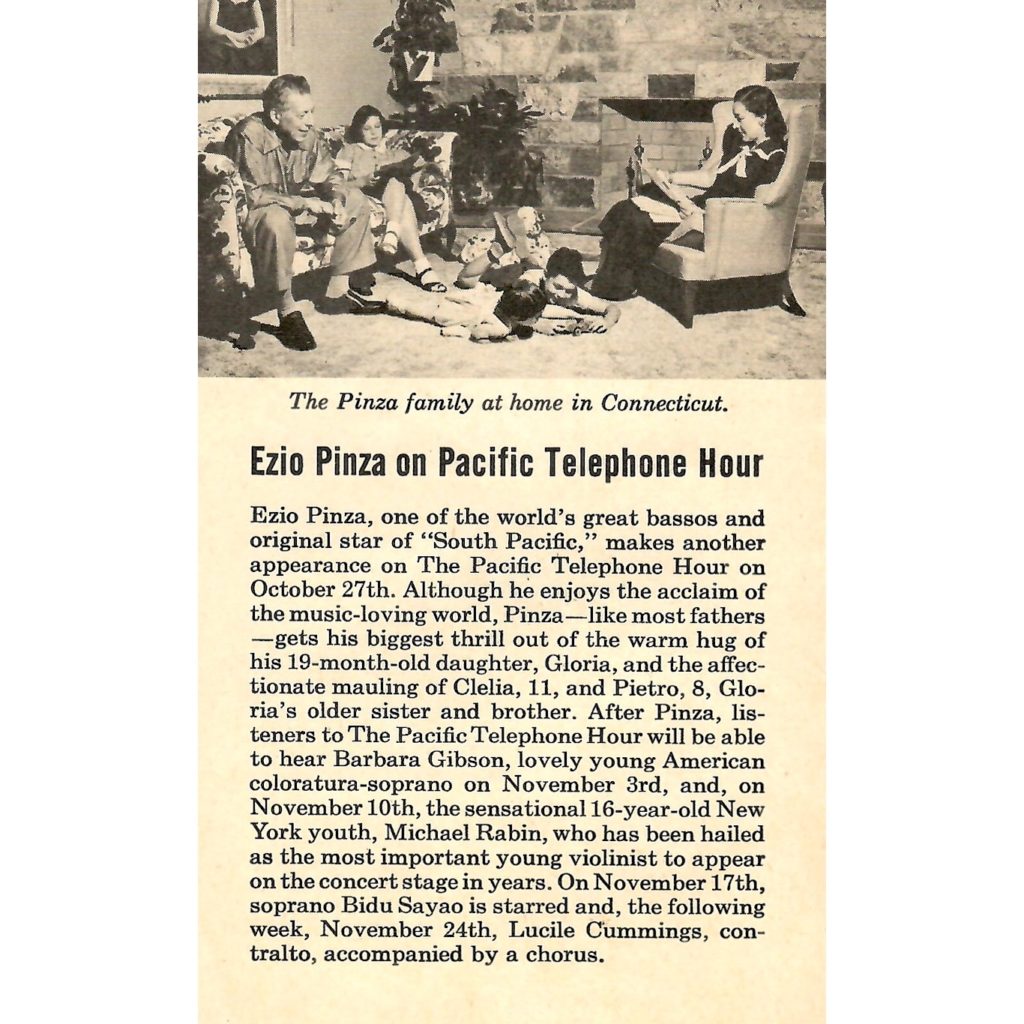 Details about Opera Singer Ezio Pinza performing on the Pacific Telephone Hour radio show.