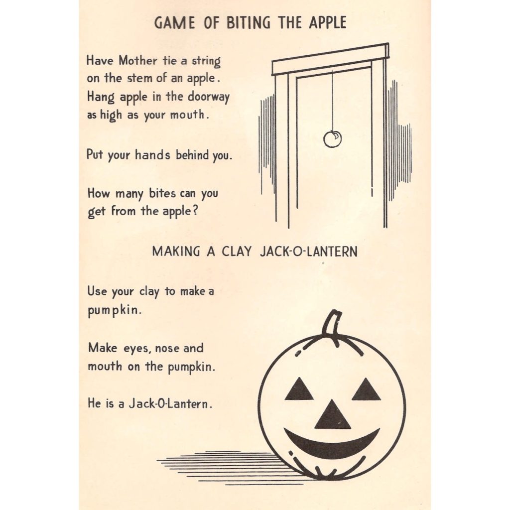 Details on a game called “Biting the Apple” and details how to make a clay jack-o’-lantern.