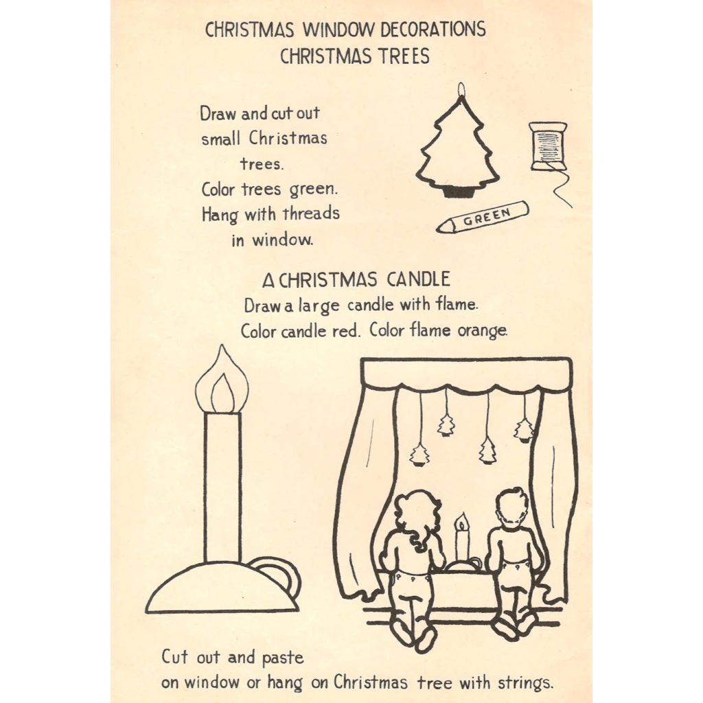 Instructions for Christmas window decorations making a Christmas tree and candle.