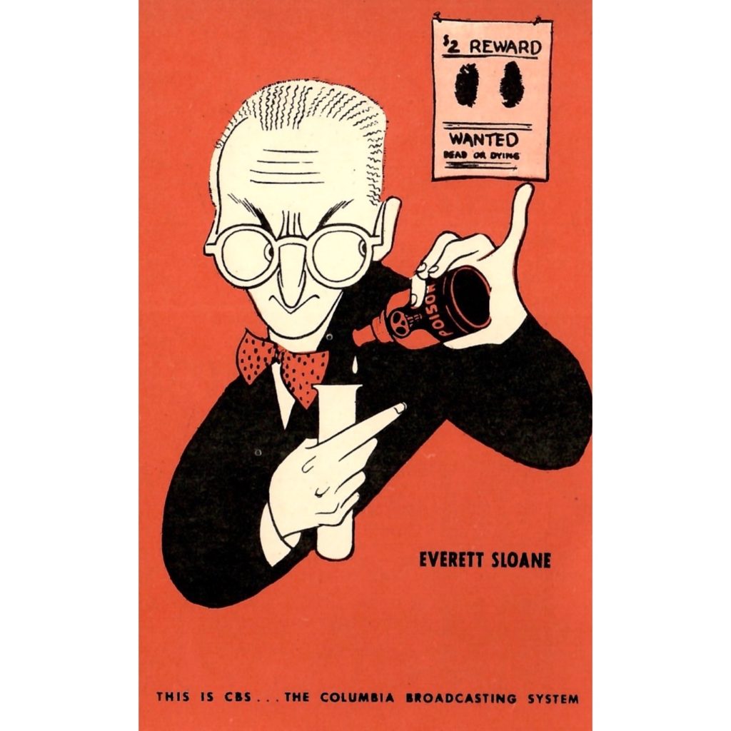 CBS Postcard featuring a caricature drawing of Everett Sloane.