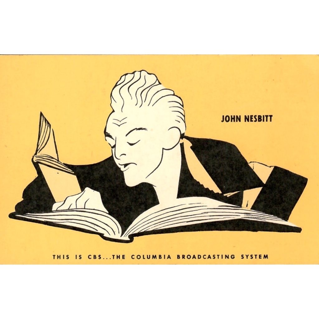 CBS Postcard featuring a caricature drawing of John Nesbitt.