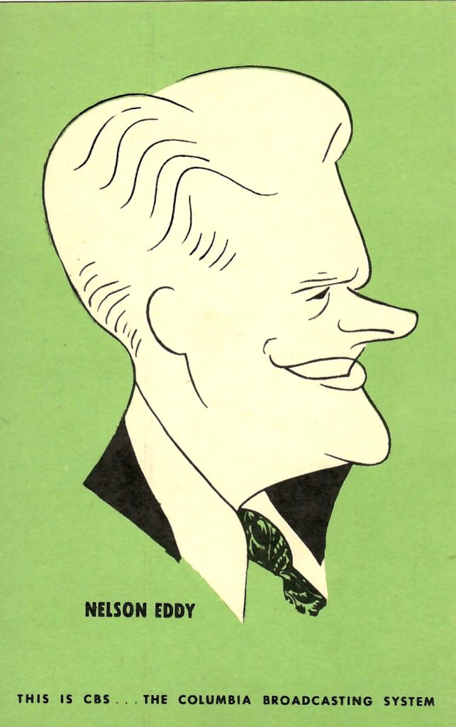 CBS Postcard featuring a caricature drawing of Nelson Eddy.