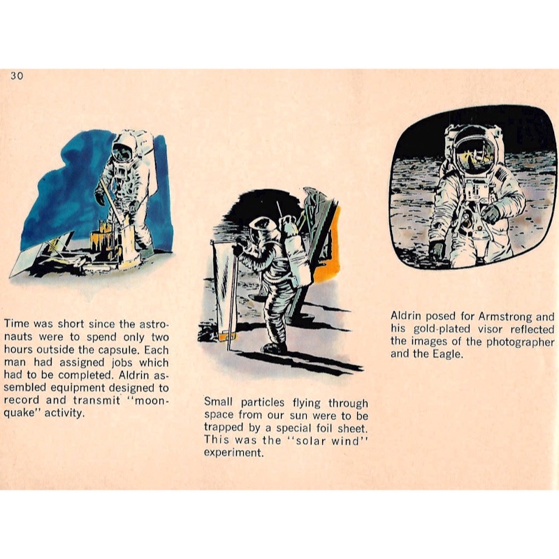 Comic book description of the Apollo 11 mission while on the moon.