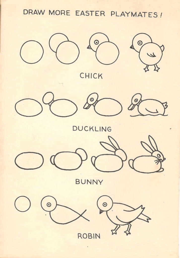 Draw Easter Playmates. Craft tips from a 1949 Easter Crafts Booklet for Children.