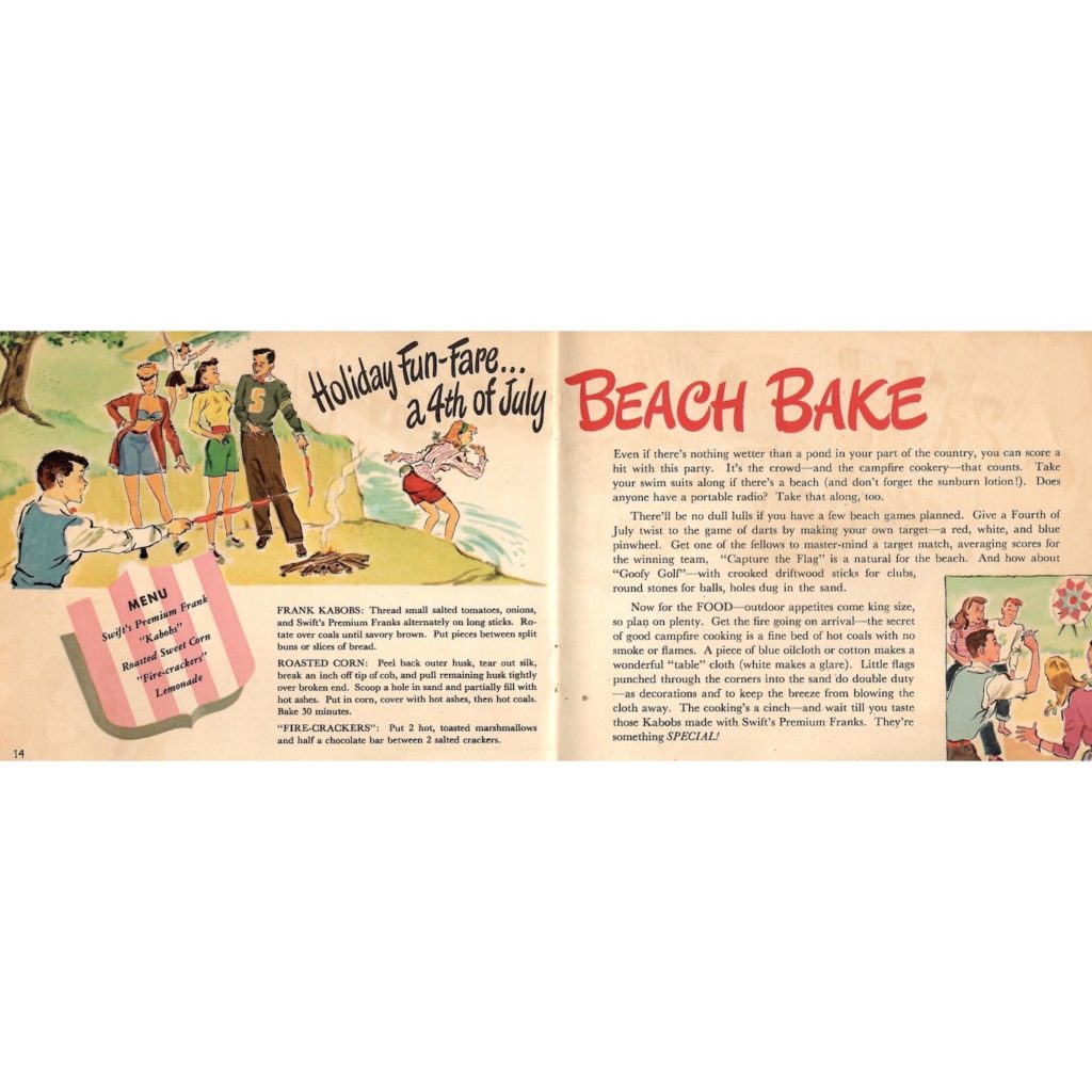 Recipes and games for a “Beach Bake” inside the “Franks to the Aid of the Party” brochure.