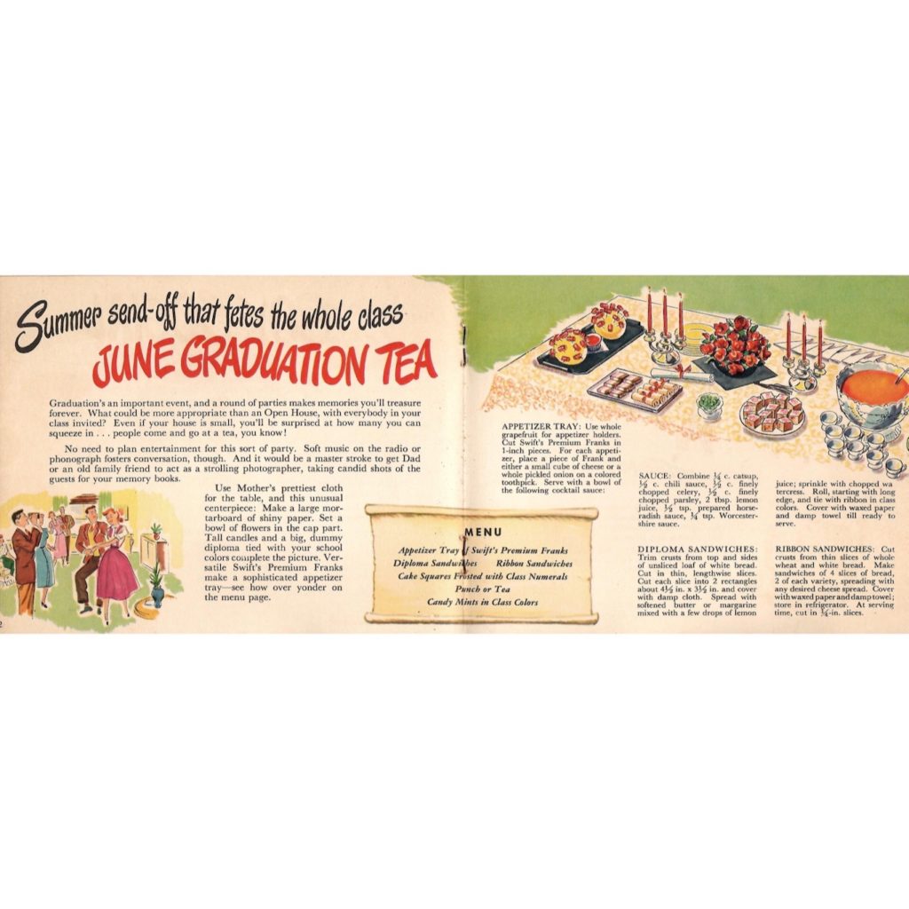 Recipes and games for a “Graduation Tea” inside the “Franks to the Aid of the Party” brochure.