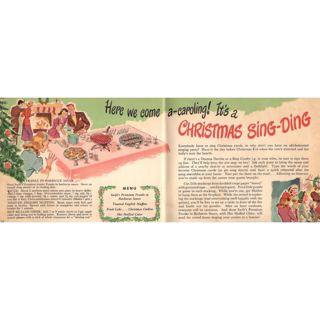 Recipes and games for a “Christmas Sing-Ding” inside the “Franks to the Aid of the Party” brochure.
