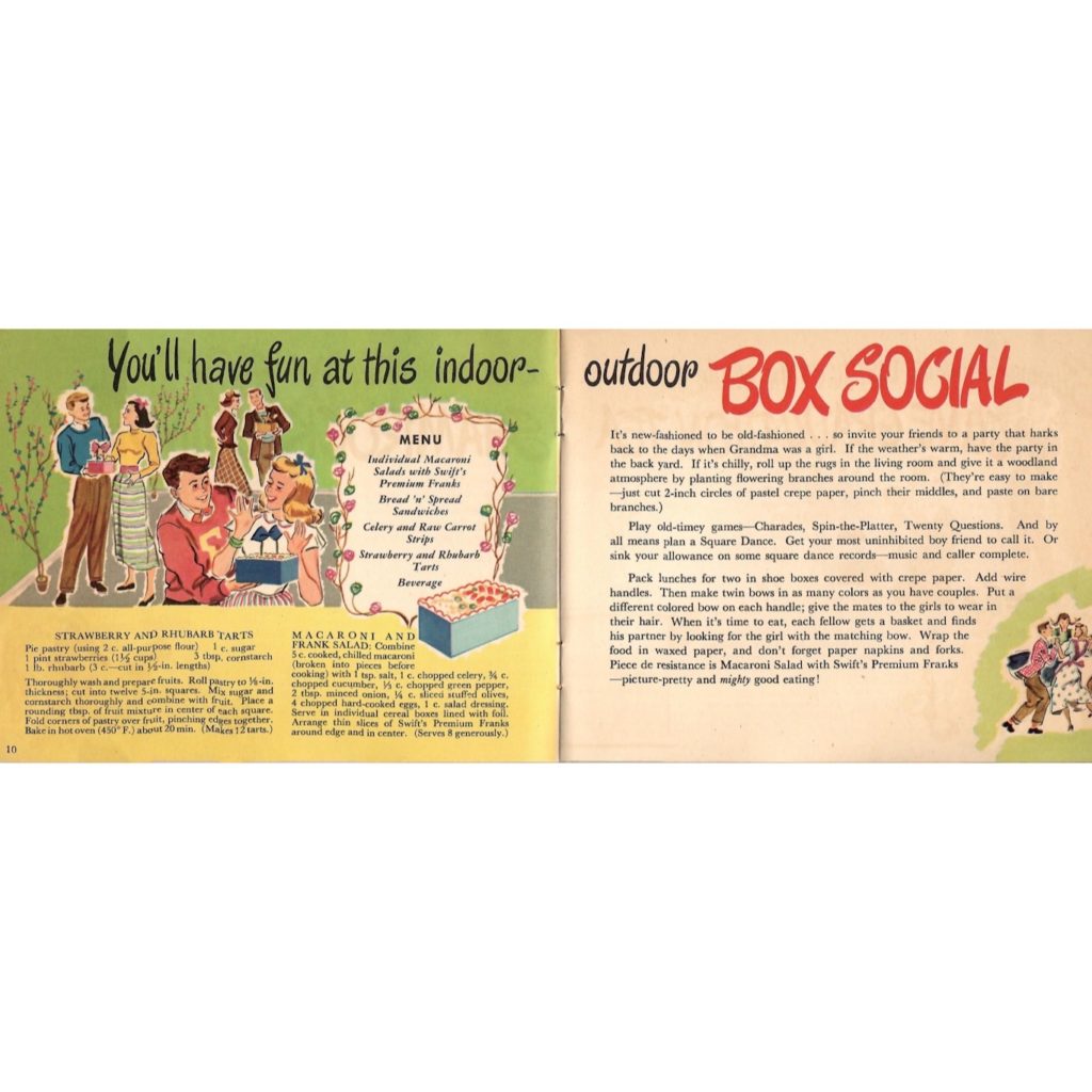 Recipes and games for a “Box Social” inside the “Franks to the Aid of the Party” brochure.
