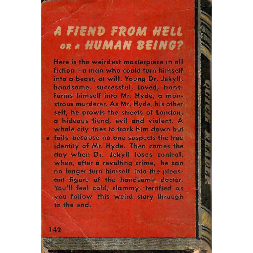 Back cover of a quick reader book called Dr. Jekyll and Mr. Hyde.
