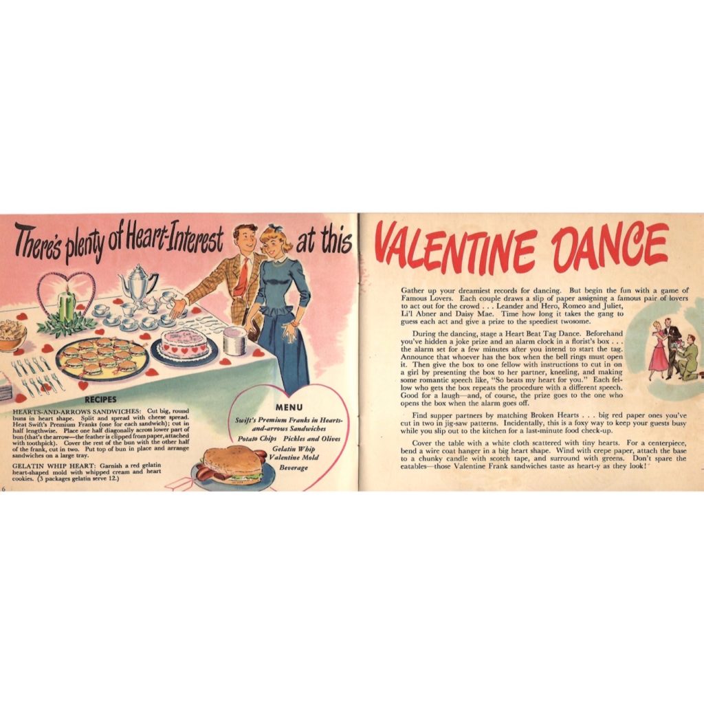 Recipes and games for a “Valentine Dance” inside the “Franks to the Aid of the Party” brochure.
